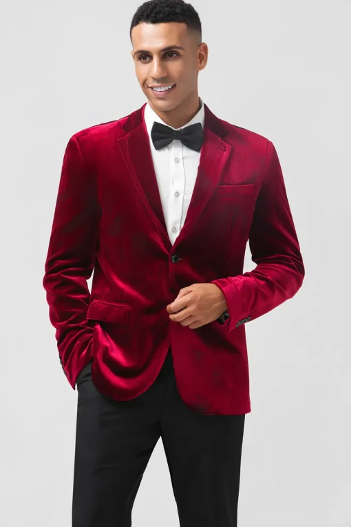 Single Breasted Burgundy Velvet Men's Blazer