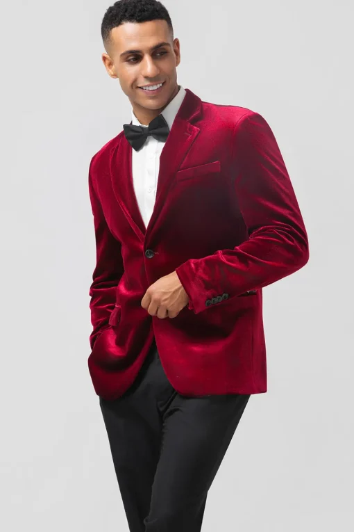 Single Breasted Burgundy Velvet Men's Blazer