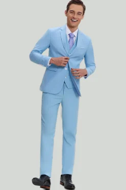 Sky Blue 3 Piece Notched Lapel Men's Modern Fit Suit