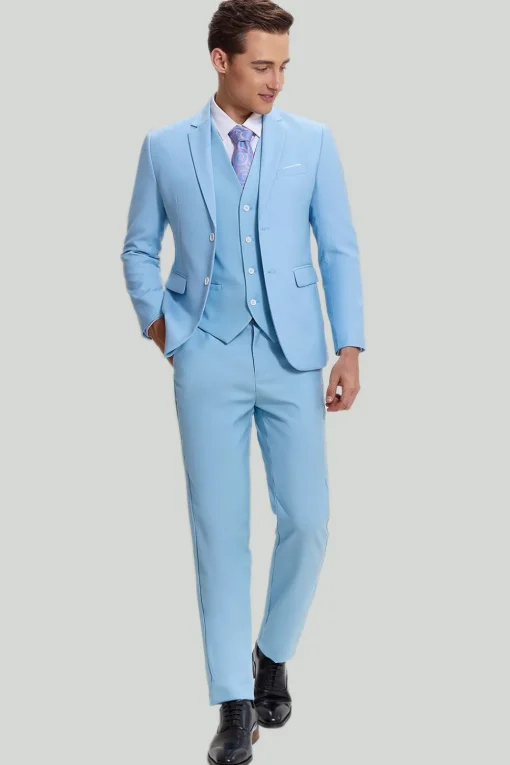 Sky Blue 3 Piece Notched Lapel Men's Modern Fit Suit