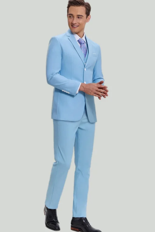 Sky Blue 3 Piece Notched Lapel Men's Modern Fit Suit