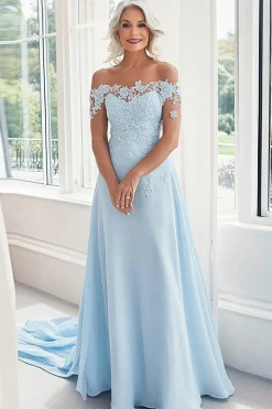 Sky Blue A Line Off The Shoulder Lace Appliques Mother of the Bride Dress