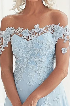 Sky Blue A Line Off The Shoulder Lace Appliques Mother of the Bride Dress