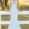 Sky Blue Appliques Mermaid Strapless Tulle Prom Dress