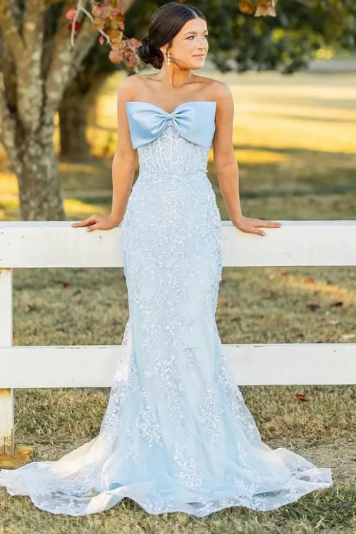 Sky Blue Appliques Mermaid Strapless Tulle Prom Dress