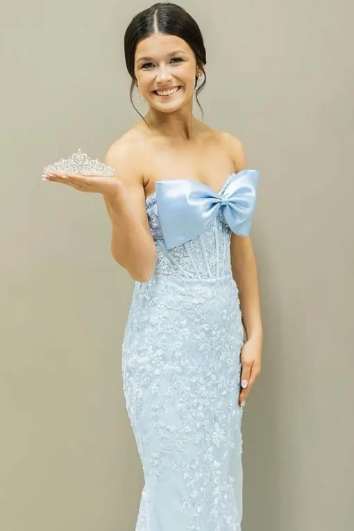 Sky Blue Appliques Mermaid Strapless Tulle Prom Dress
