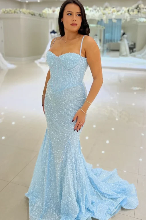 Sky Blue Beaded Mermaid Spaghetti Straps Long Prom Dress
