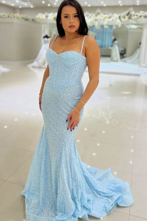Sky Blue Beaded Mermaid Spaghetti Straps Long Prom Dress
