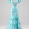 Sky Blue Off the Shoulder Lace and Sequin Mermaid Prom Dress with Slit