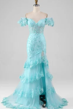 Sky Blue Off the Shoulder Lace and Sequin Mermaid Prom Dress with Slit