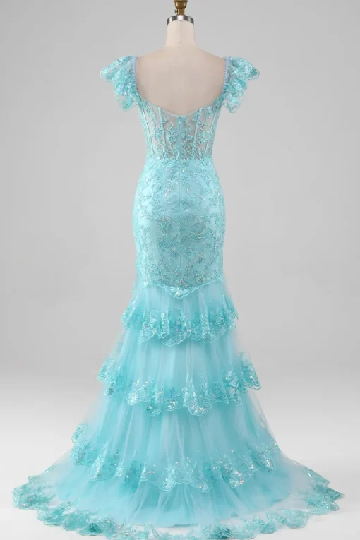 Sky Blue Off the Shoulder Lace and Sequin Mermaid Prom Dress with Slit