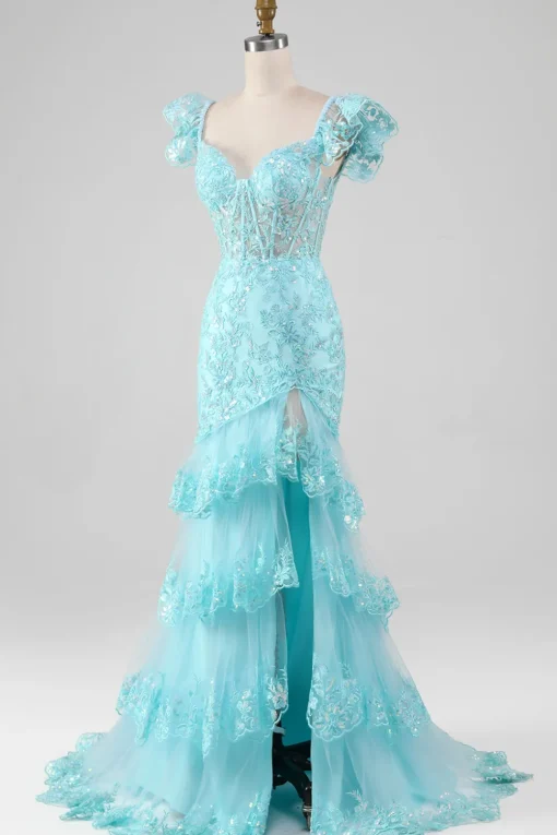 Sky Blue Off the Shoulder Lace and Sequin Mermaid Prom Dress with Slit