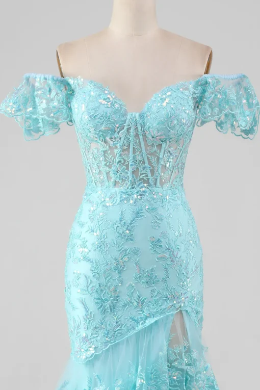 Sky Blue Off the Shoulder Lace and Sequin Mermaid Prom Dress with Slit