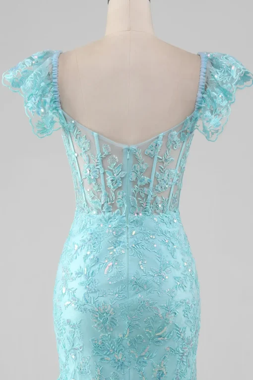Sky Blue Off the Shoulder Lace and Sequin Mermaid Prom Dress with Slit