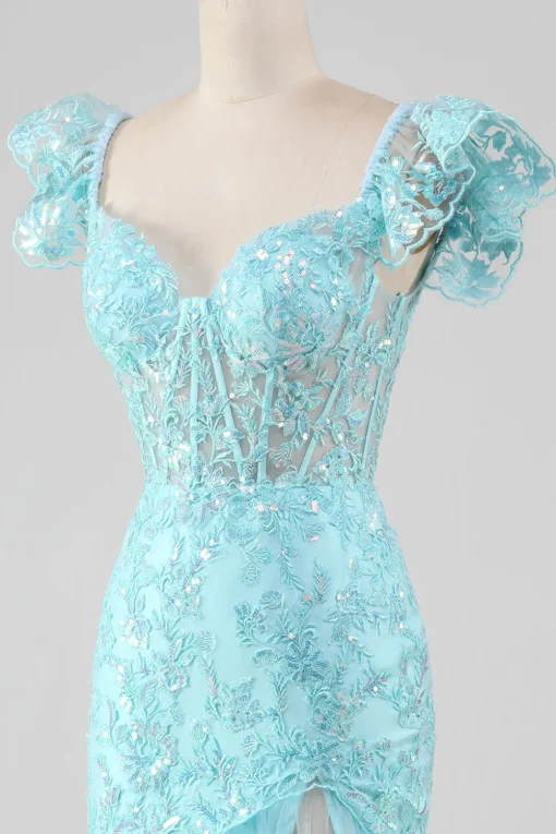 Sky Blue Off the Shoulder Lace and Sequin Mermaid Prom Dress with Slit