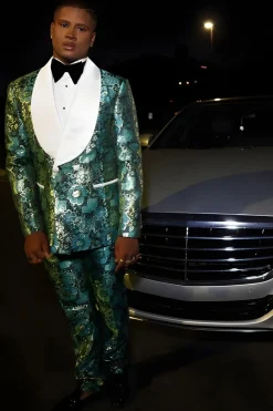 Slim Fit Shawl Lapel Green Jacquard Men's Prom Suits