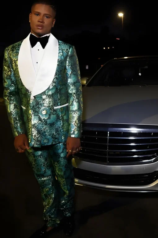 Slim Fit Shawl Lapel Green Jacquard Men's Prom Suits