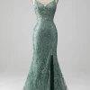 Spaghetti Staps Sparkly Grey Green Prom Dress with Beading