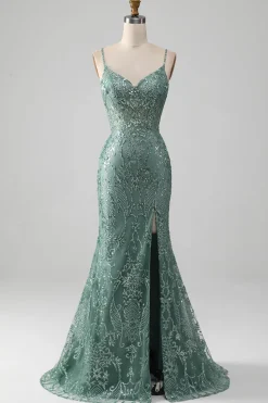 Spaghetti Staps Sparkly Grey Green Prom Dress with Beading