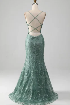 Spaghetti Staps Sparkly Grey Green Prom Dress with Beading