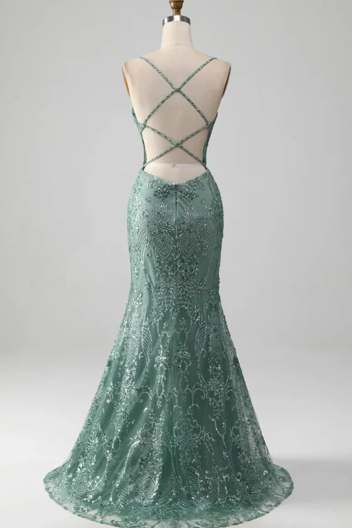 Spaghetti Staps Sparkly Grey Green Prom Dress with Beading