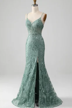 Spaghetti Staps Sparkly Grey Green Prom Dress with Beading