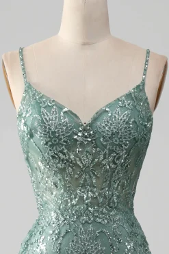 Spaghetti Staps Sparkly Grey Green Prom Dress with Beading