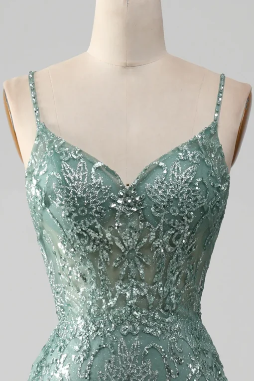 Spaghetti Staps Sparkly Grey Green Prom Dress with Beading