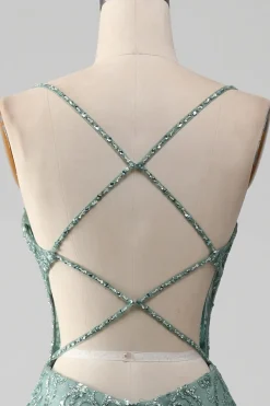 Spaghetti Staps Sparkly Grey Green Prom Dress with Beading