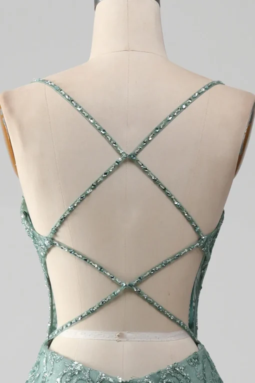 Spaghetti Staps Sparkly Grey Green Prom Dress with Beading