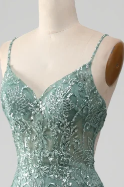 Spaghetti Staps Sparkly Grey Green Prom Dress with Beading