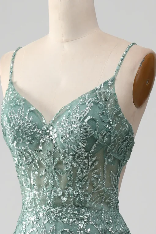 Spaghetti Staps Sparkly Grey Green Prom Dress with Beading