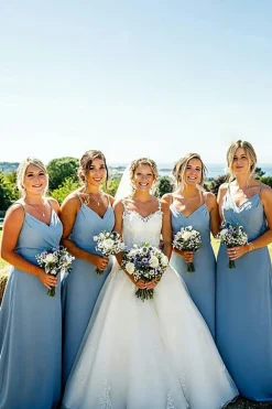 Spaghetti Straps A Line Blue Chiffon Bridesmaid Dress with Pleated
