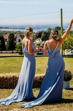 Spaghetti Straps A Line Blue Chiffon Bridesmaid Dress with Pleated