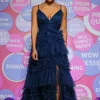 Spaghetti Straps A Line Navy Princess Prom Dress with Slit
