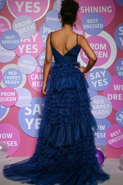 Spaghetti Straps A Line Navy Princess Prom Dress with Slit