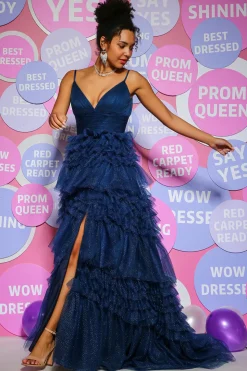 Spaghetti Straps A Line Navy Princess Prom Dress with Slit