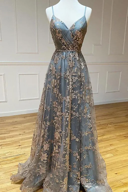 Spaghetti Straps A Line Prom Dress with Appliques