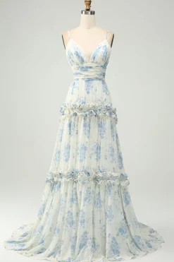 Spaghetti Straps A Line Printed Prom Dress with Ruffles