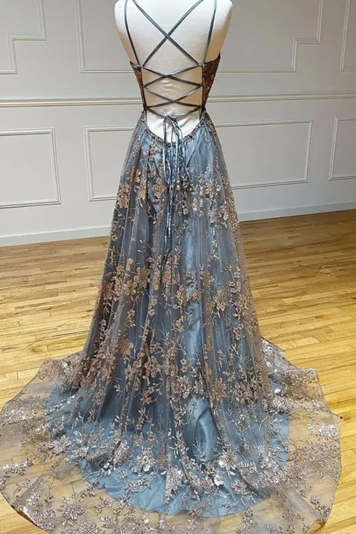 Spaghetti Straps A Line Prom Dress with Appliques
