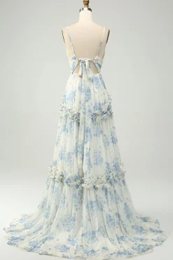 Spaghetti Straps A Line Printed Prom Dress with Ruffles