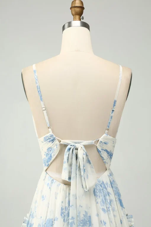 Spaghetti Straps A Line Printed Prom Dress with Ruffles