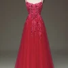 Spaghetti Straps A Line Red Prom Dress with Appliques
