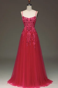 Spaghetti Straps A Line Red Prom Dress with Appliques