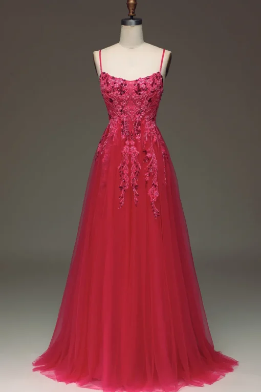 Spaghetti Straps A Line Red Prom Dress with Appliques