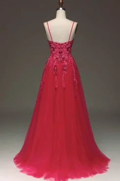 Spaghetti Straps A Line Red Prom Dress with Appliques
