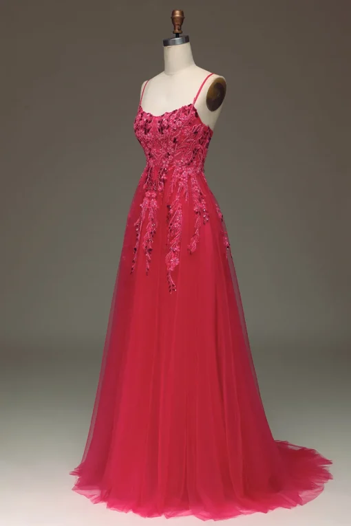 Spaghetti Straps A Line Red Prom Dress with Appliques