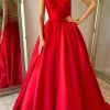Spaghetti Straps A Line Satin Red Prom Dress with Pockets