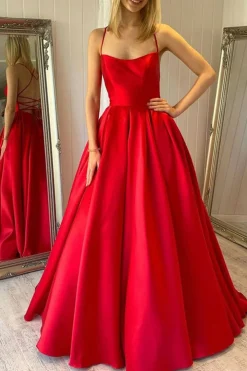 Spaghetti Straps A Line Satin Red Prom Dress with Pockets
