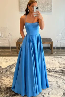 Spaghetti Straps A Line Satin Red Prom Dress with Pockets